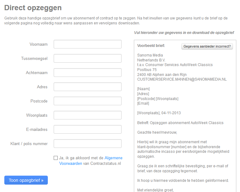 Voorbeeld opzegbrief Contractstatus.nl